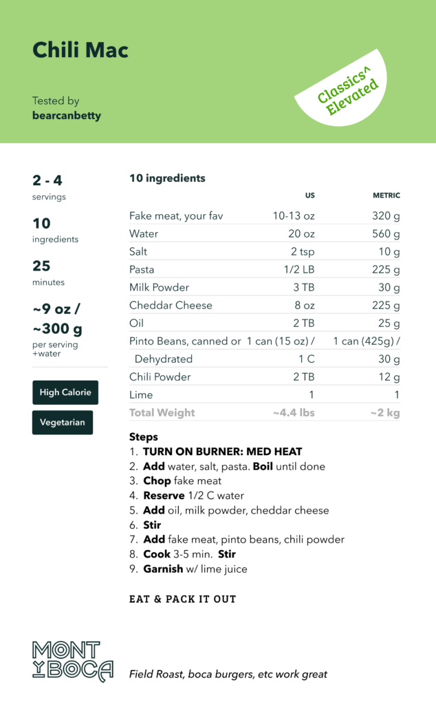 high calorie hiking foods - chili mac