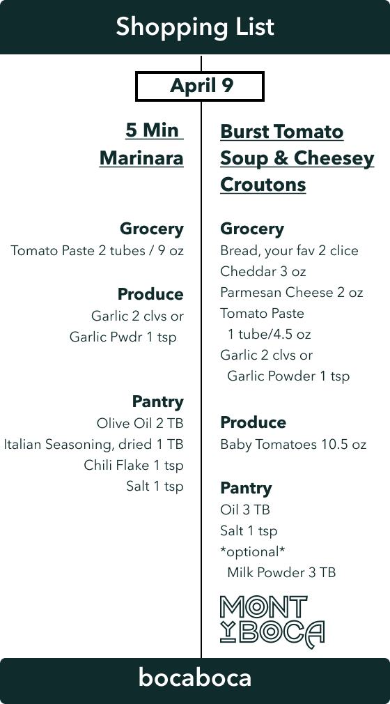 cooking workshop shopping list - marinara